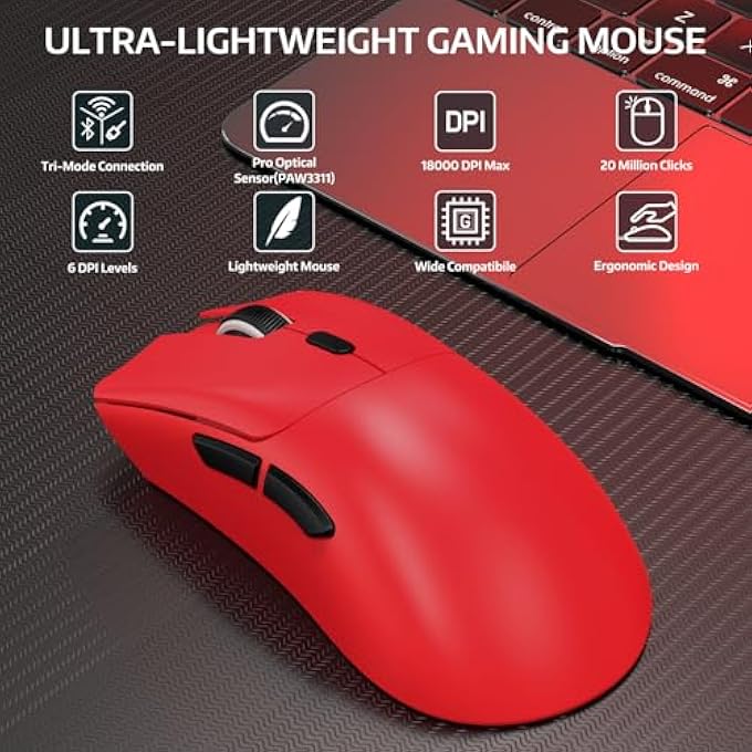 rayihni R1 59G LIGHTWEIGHT WIRELESS GAMING MOUSE THREE MODES 2.4GHZ/BLUETOOTH/WIRED CONNECTIVITY, 5 PROGRAMMABLE BUTTONS, 6 ADJUSTABLE DPI UP TO 18000,PIXART OPTICAL SENSOR PAW3311-RED - Image 2
