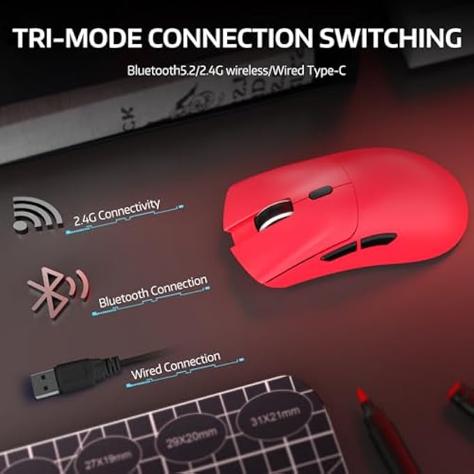 rayihni R1 59G LIGHTWEIGHT WIRELESS GAMING MOUSE THREE MODES 2.4GHZ/BLUETOOTH/WIRED CONNECTIVITY, 5 PROGRAMMABLE BUTTONS, 6 ADJUSTABLE DPI UP TO 18000,PIXART OPTICAL SENSOR PAW3311-RED - Image 3