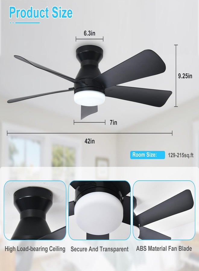 Depuley Modern Ceiling Fan with Light: 42-Inch Black Small Fans for Bedroom Indoor Outdoor - Dimmable Low Profile Ceiling Fans with Remote Control Flush Mount 5 Reversible Black Blades 6 Speeds Timer - Image 2