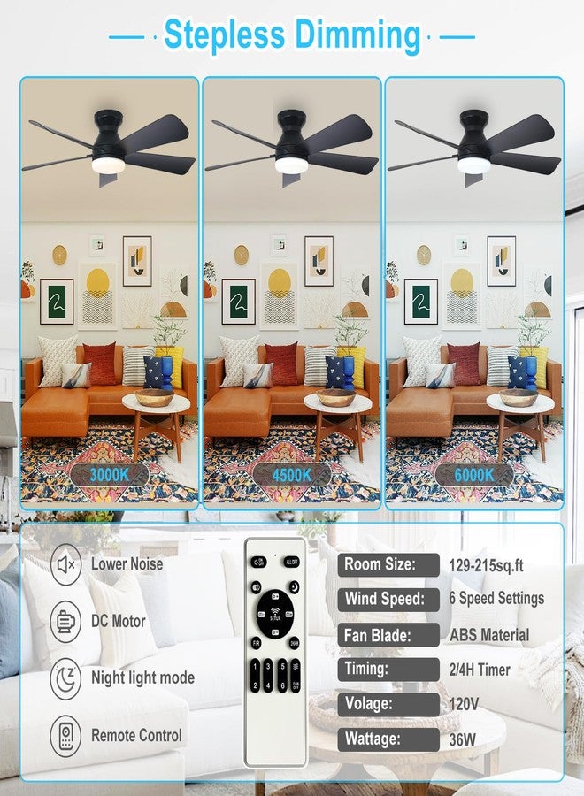 Depuley Modern Ceiling Fan with Light: 42-Inch Black Small Fans for Bedroom Indoor Outdoor - Dimmable Low Profile Ceiling Fans with Remote Control Flush Mount 5 Reversible Black Blades 6 Speeds Timer - Image 4