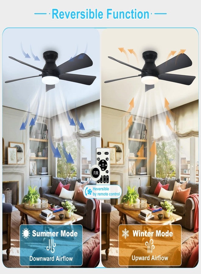 Depuley Modern Ceiling Fan with Light: 42-Inch Black Small Fans for Bedroom Indoor Outdoor - Dimmable Low Profile Ceiling Fans with Remote Control Flush Mount 5 Reversible Black Blades 6 Speeds Timer - Image 3