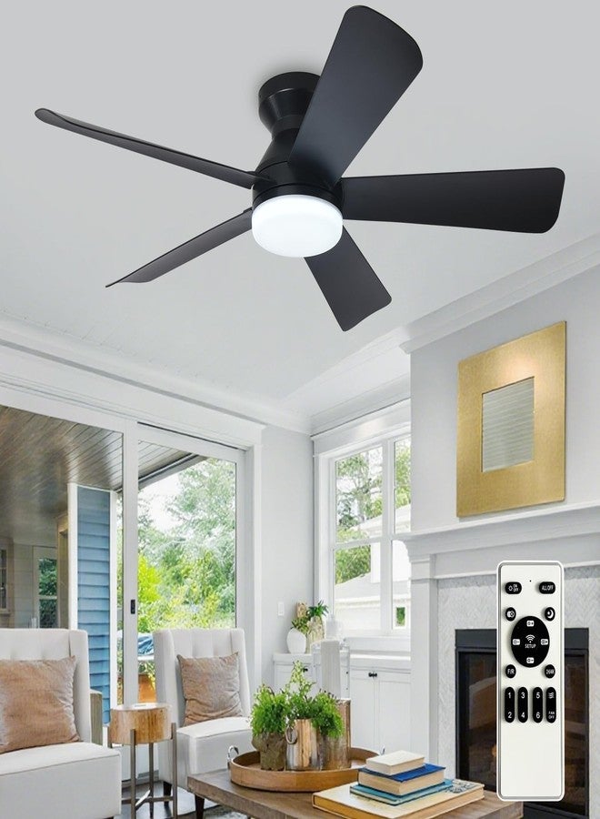Depuley Modern Ceiling Fan with Light: 42-Inch Black Small Fans for Bedroom Indoor Outdoor - Dimmable Low Profile Ceiling Fans with Remote Control Flush Mount 5 Reversible Black Blades 6 Speeds Timer - Image 1