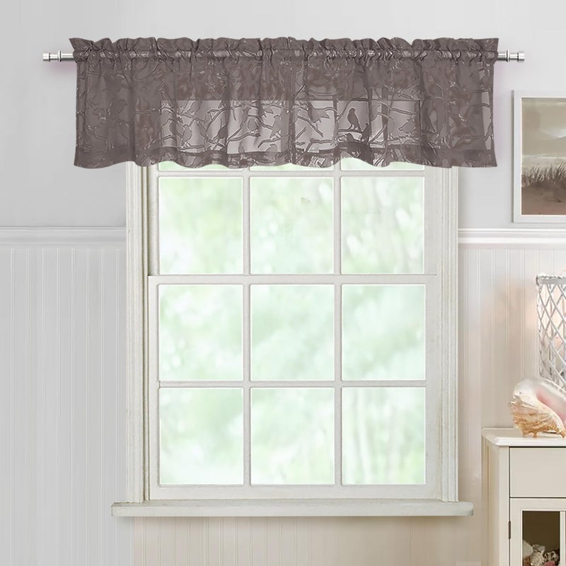 OVZME Anji Bird 2 Panels Sheer Kitchen Valances for Windows 14 Inches Long Classic Rod Pocket Light Filtering Semi Brown Sheer Curtains for Bedroom Basement Short Window 38Wx14L Inches