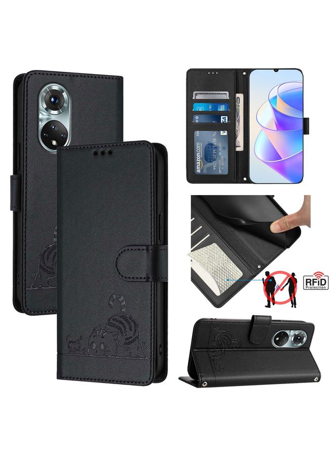 S-TOP Case For Honor 50 Pro Cat Rat Embossed Pattern RFID Leather Phone Case with Lanyard - Image 1