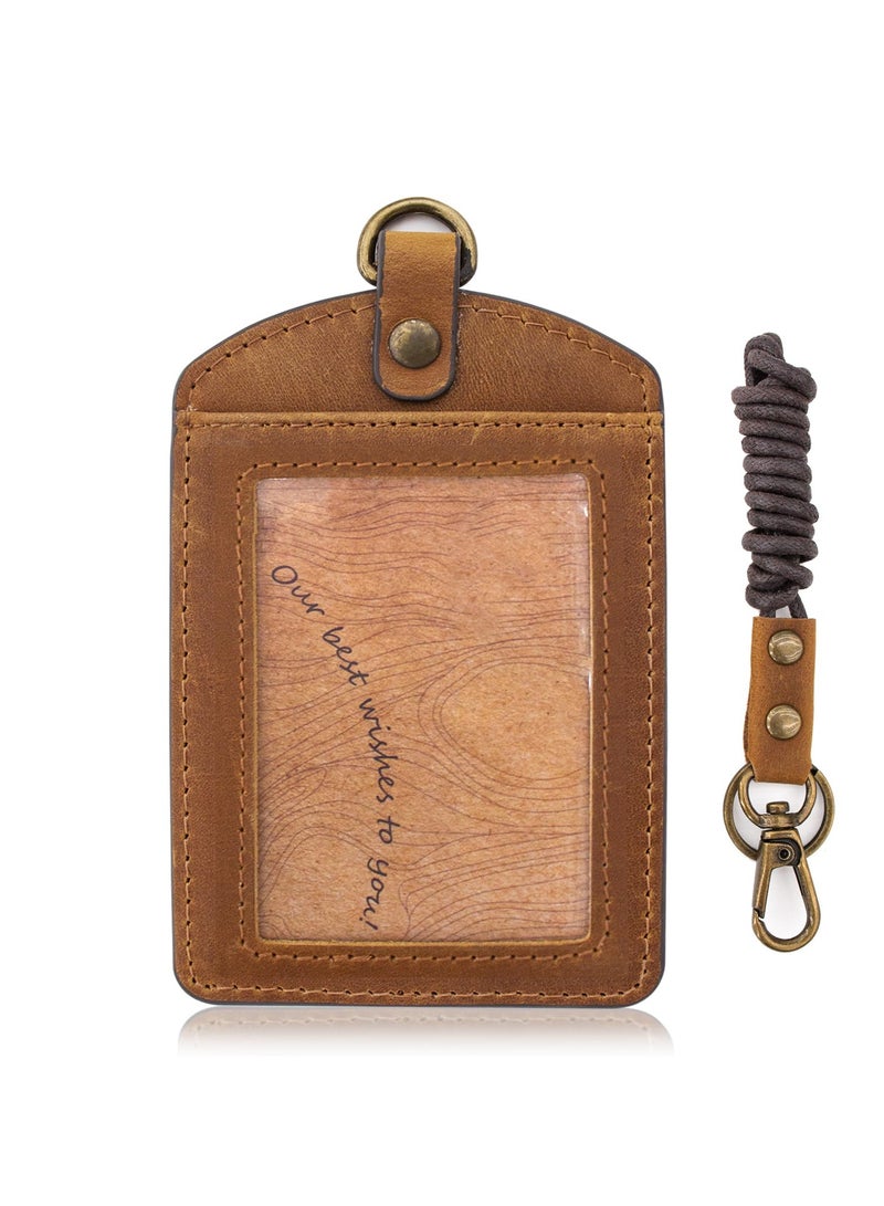 SYOSI Leather ID Badge Holder with Keychain, Vertical Card Holder with Zipper Pocket and Lanyard for Office, Driver's License, Credit Cards, and Keys (Brown) - Image 1