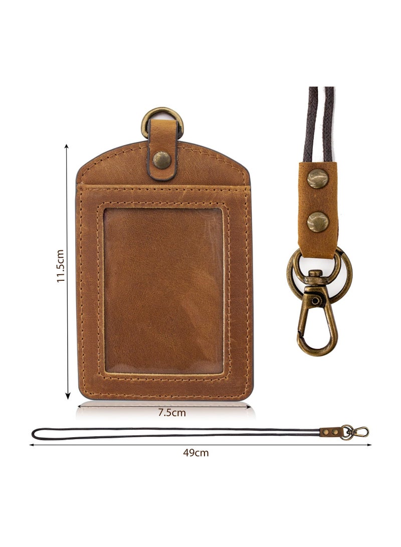 SYOSI Leather ID Badge Holder with Keychain, Vertical Card Holder with Zipper Pocket and Lanyard for Office, Driver's License, Credit Cards, and Keys (Brown) - Image 2