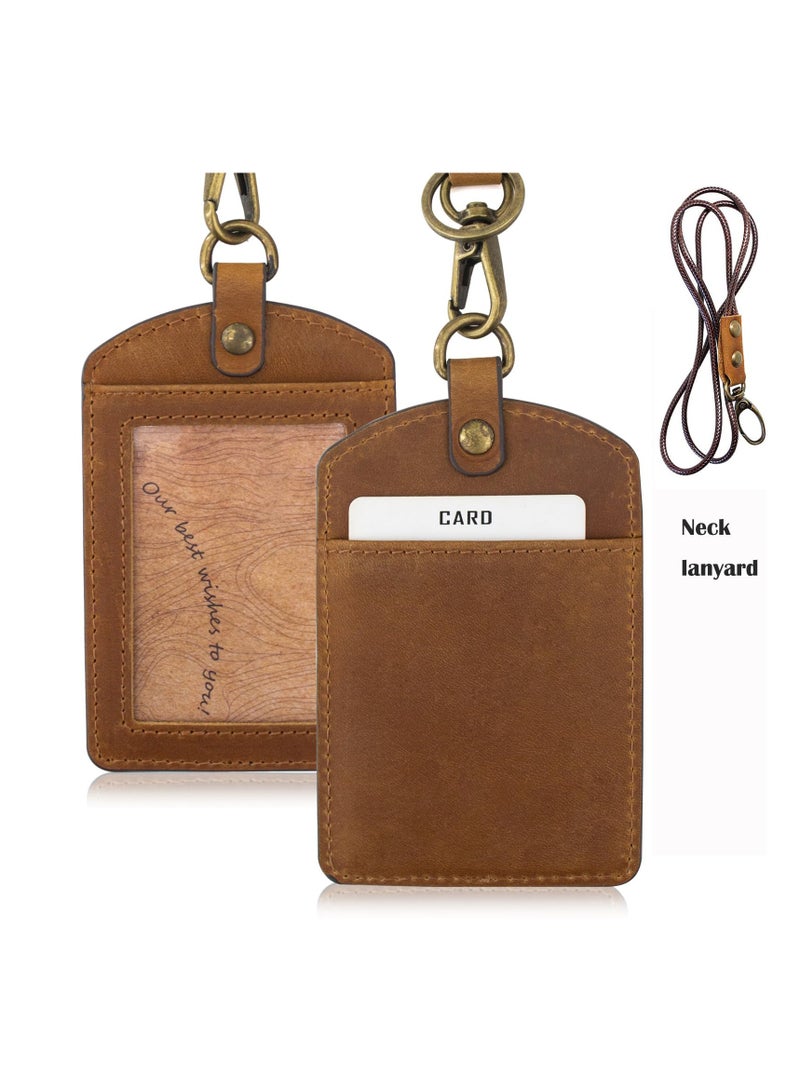 SYOSI Leather ID Badge Holder with Keychain, Vertical Card Holder with Zipper Pocket and Lanyard for Office, Driver's License, Credit Cards, and Keys (Brown) - Image 3
