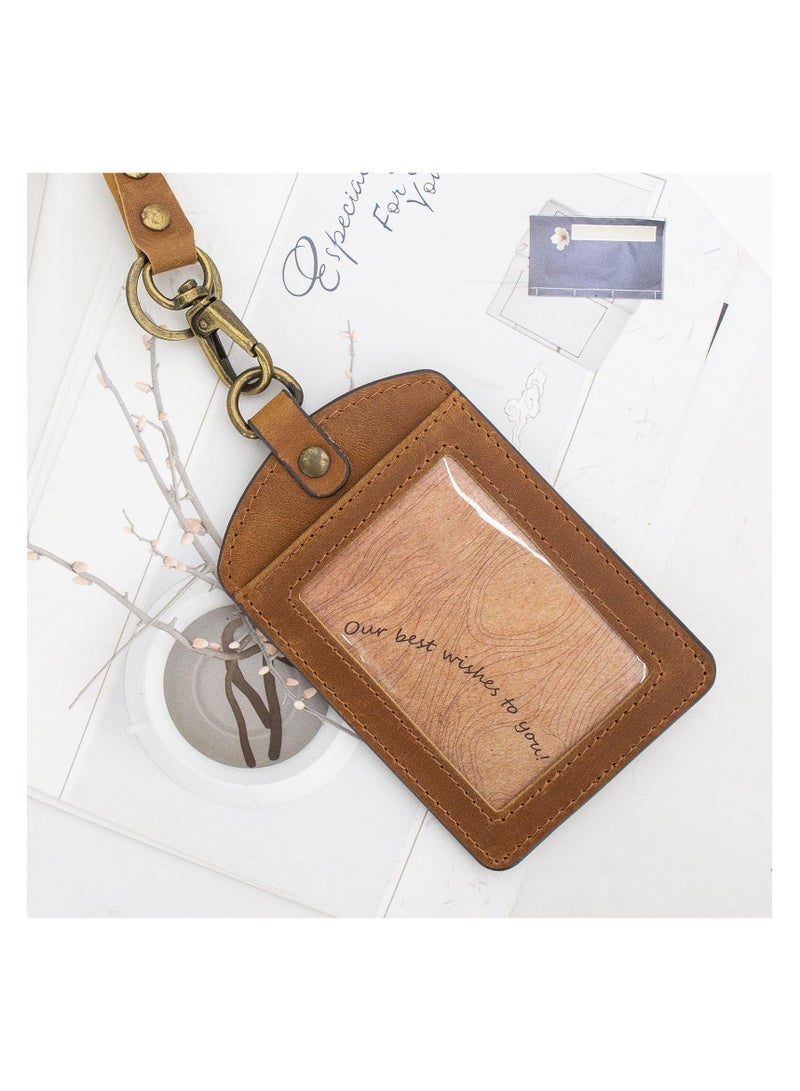 SYOSI Leather ID Badge Holder with Keychain, Vertical Card Holder with Zipper Pocket and Lanyard for Office, Driver's License, Credit Cards, and Keys (Brown) - Image 4