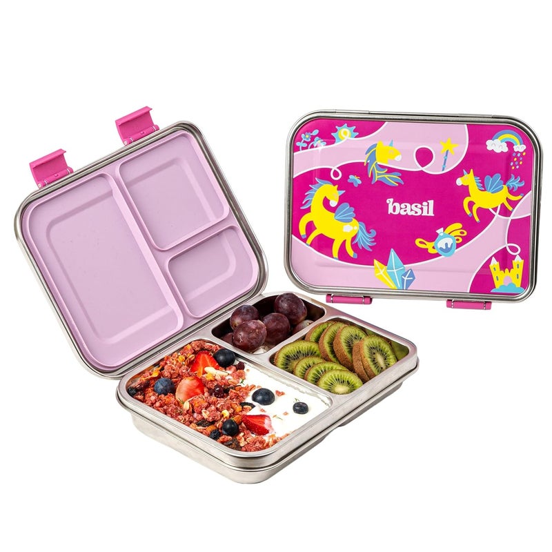 BASIL Bento Box Neo 2025 - New & Improved, Easy to Open & Close 975 ml 3-Compartment Stainless Steel Lunch Box for Kids | Leak-Proof Tiffin Box for School - Pixie Dash - Image 1