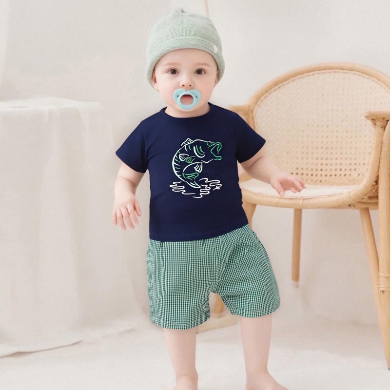 LAGKIYOJ Toddler Boy Summer Clothes Fishing Sailboat Embroidery Short Sleeve T-Shirt + Plaid Shorts Set Infant Boy Clothes (Green, 2-3T) - Image 4