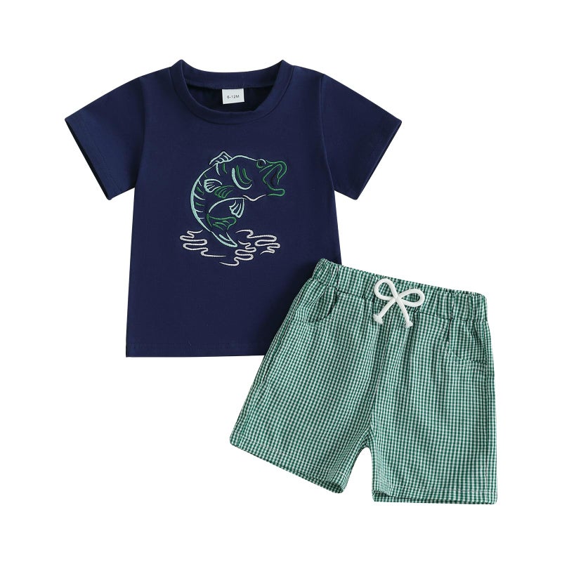 LAGKIYOJ Toddler Boy Summer Clothes Fishing Sailboat Embroidery Short Sleeve T-Shirt + Plaid Shorts Set Infant Boy Clothes (Green, 2-3T) - Image 1