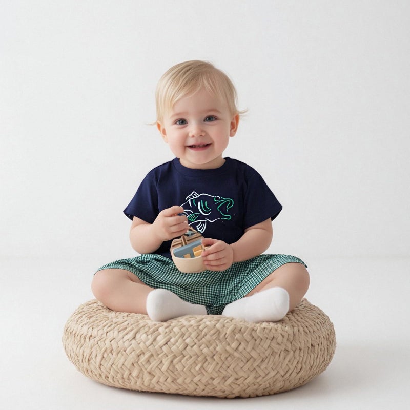 LAGKIYOJ Toddler Boy Summer Clothes Fishing Sailboat Embroidery Short Sleeve T-Shirt + Plaid Shorts Set Infant Boy Clothes (Green, 2-3T) - Image 3
