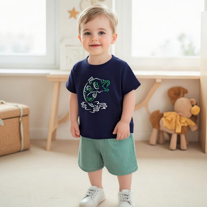 LAGKIYOJ Toddler Boy Summer Clothes Fishing Sailboat Embroidery Short Sleeve T-Shirt + Plaid Shorts Set Infant Boy Clothes (Green, 2-3T) - Image 2