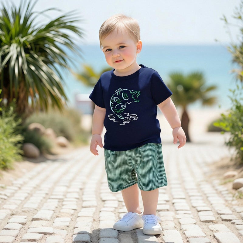 LAGKIYOJ Toddler Boy Summer Clothes Fishing Sailboat Embroidery Short Sleeve T-Shirt + Plaid Shorts Set Infant Boy Clothes (Green, 2-3T) - Image 5