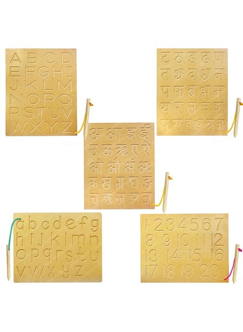 FunBlast Writing Practice Tracing Wooden Boards for Kids- Set of 5 Includes Small & Capital Alphabet, Numbers and Hindi Alphabet (Made in India)- Multicolor