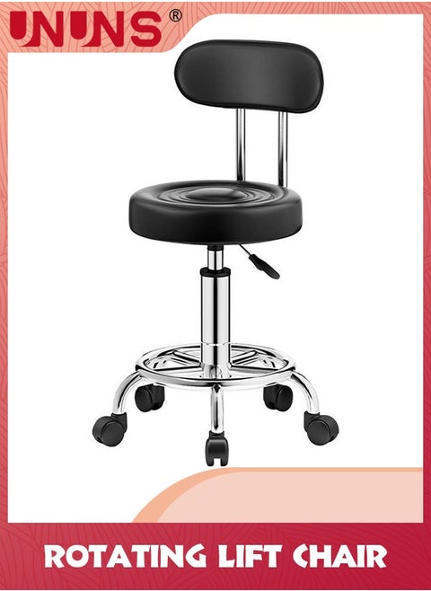 Rolling Stool With Backrest,PU Leather Modern Rolling Stool with Low Back,Height Adjustable Work Salon Drafting Swivel Task Chair with Footrest,Black
