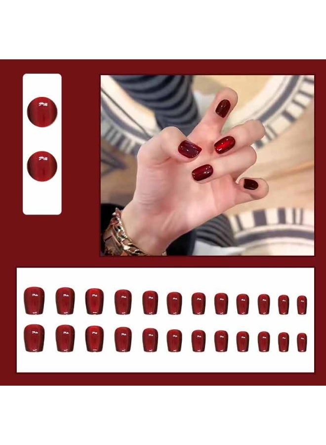 ٢٤ قطعة من الأظافر الاصطناعية الحمراء القصيرة، أظافر جل ناعمة عصرية، أظافر عين القطة، أظافر أكريليك طبيعية قابلة لإعادة الاستخدام، أظافر لاصقة هدية للنساء والفتيات. - Image 1