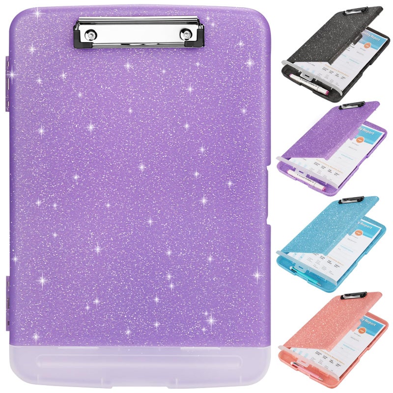 SFLHHDM Glitter Clipboard with Storage,Storage Clipboard with Pen Holder,A4 Binder Clip Boards 8.5x11 with Low Profile Clip,Side Opening Sparkle Clipboards, Clipboards Folder for Office Supplies-Pale Purple - Image 1