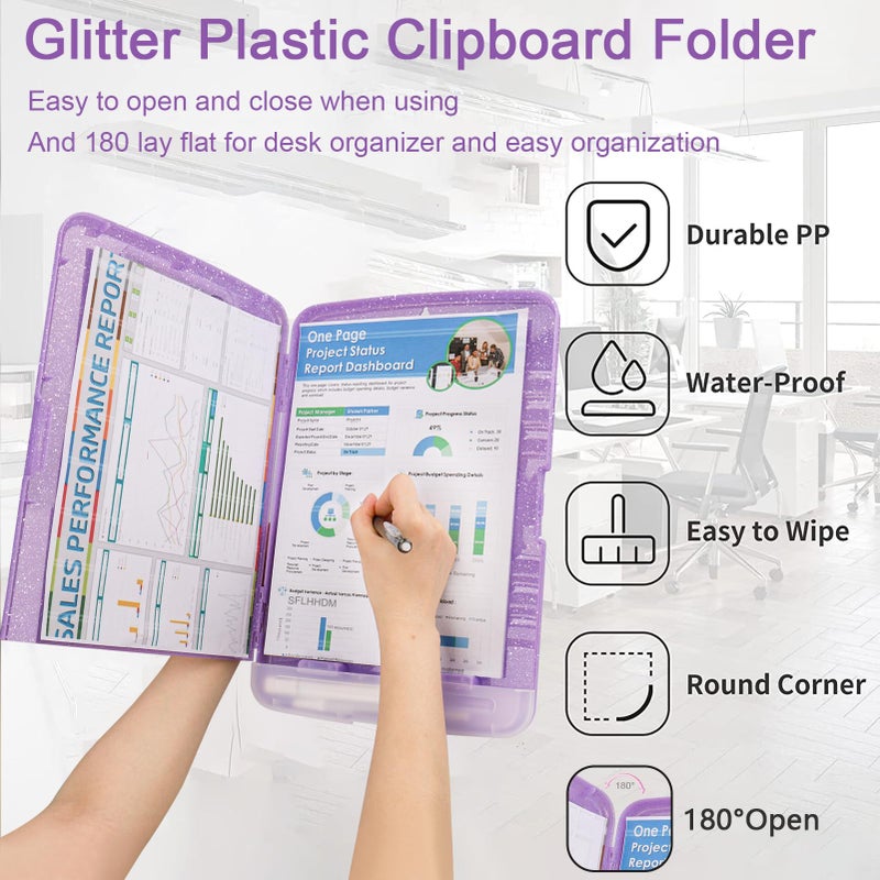 SFLHHDM Glitter Clipboard with Storage,Storage Clipboard with Pen Holder,A4 Binder Clip Boards 8.5x11 with Low Profile Clip,Side Opening Sparkle Clipboards, Clipboards Folder for Office Supplies-Pale Purple - Image 5