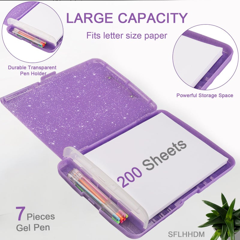 SFLHHDM Glitter Clipboard with Storage,Storage Clipboard with Pen Holder,A4 Binder Clip Boards 8.5x11 with Low Profile Clip,Side Opening Sparkle Clipboards, Clipboards Folder for Office Supplies-Pale Purple - Image 3