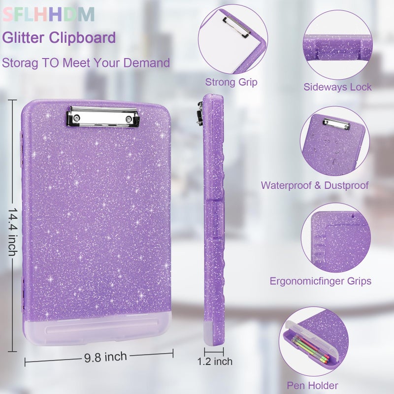 SFLHHDM Glitter Clipboard with Storage,Storage Clipboard with Pen Holder,A4 Binder Clip Boards 8.5x11 with Low Profile Clip,Side Opening Sparkle Clipboards, Clipboards Folder for Office Supplies-Pale Purple - Image 2