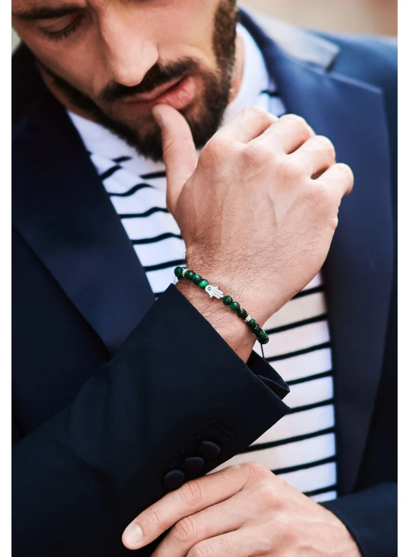 لونورا خرز عين النمر الأخضر سوار خرز من الحجر الطبيعي مصنوع يدويًا – سوار للرجال، سوار رجالي، هدية للرجال، أساور للرجال – مع يد همسة فضية، قابل للتعديل بمقاس واحد للجميع