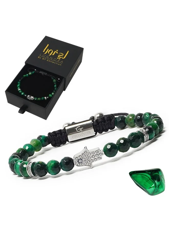 لونورا خرز عين النمر الأخضر سوار خرز من الحجر الطبيعي مصنوع يدويًا – سوار للرجال، سوار رجالي، هدية للرجال، أساور للرجال – مع يد همسة فضية، قابل للتعديل بمقاس واحد للجميع