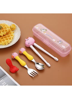 Children's 304 Stainless Steel Portable Tableware Cartoon Spoon Fork Learning And Training Chopsticks Dinosaur Baby Fork Spoon Set-Specifications:Tableware-Color:[Trumpet] Yellow Handle Unicorn Fork Spoon + Chopsticks Three-piece Set