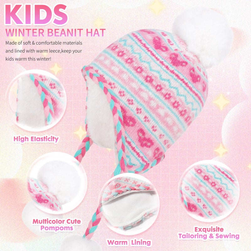 PinkSheep Toddler Winter Hat, Cute Girls Warm Beanie with Warm Ear Flap,Pom Pom Fleece Lined Winter Hat,Kid Knit Beanies Cap Rose - Image 5
