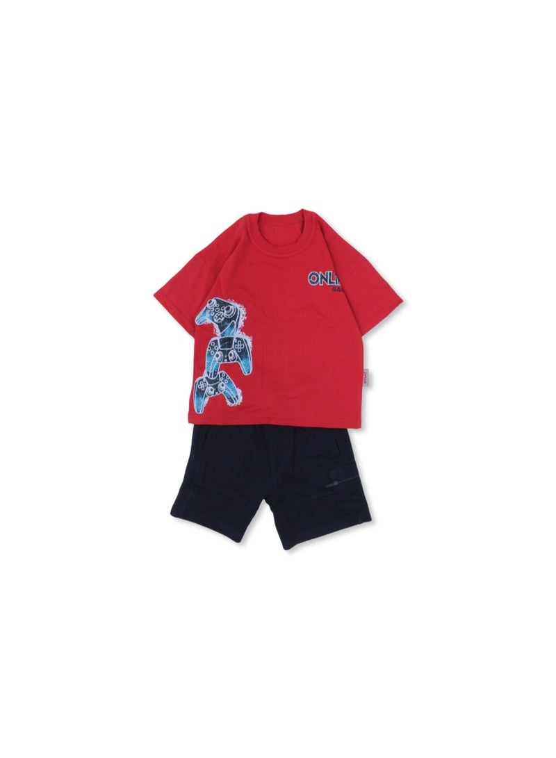 دريم بيجامة قطنية قصيرة الأكمام للأولاد - حمراء اللون بطبعة "لاعب ألعاب فيديو عبر الإنترنت" - Image 1