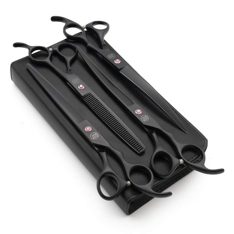 Moontay Professional 80 Dog Grooming Scissors Set 4pieces Straight Upward Curved Downward Curved ThinningBlending Shears for Dog Cat and Pets JP Stainless Steel Black