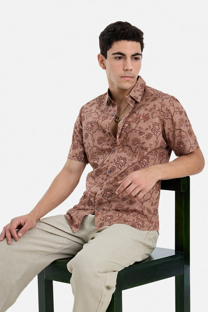 سنيتش Peach Floral Half Sleeve Slim Fit Shirt
