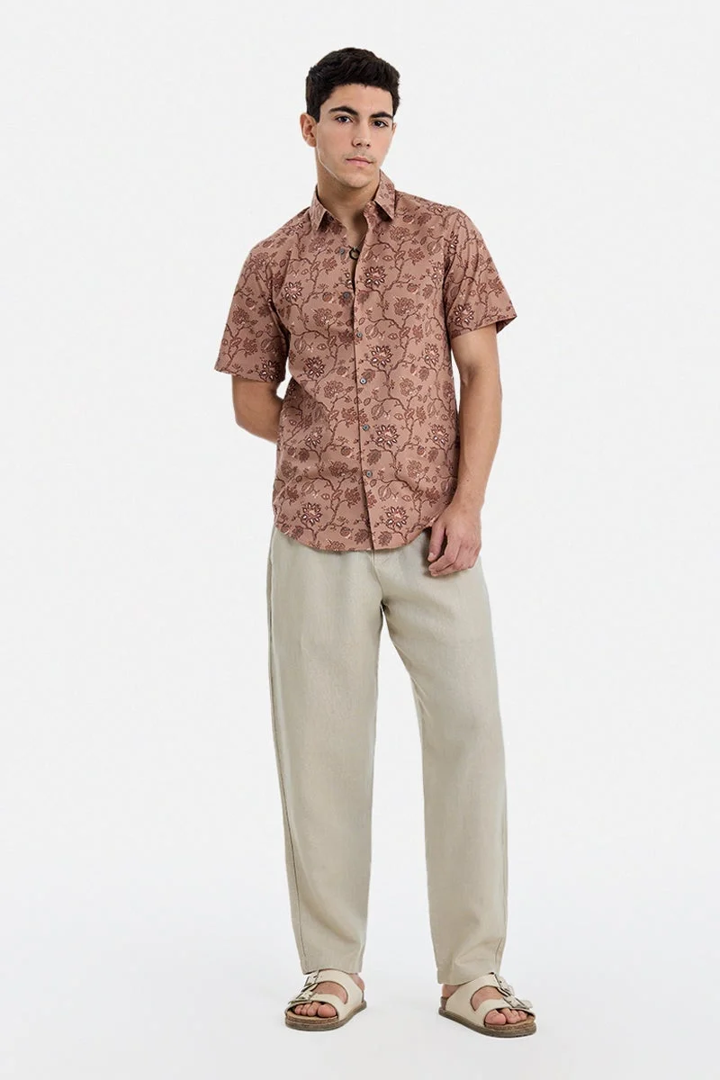 SNITCH Peach Floral Half Sleeve Slim Fit Shirt