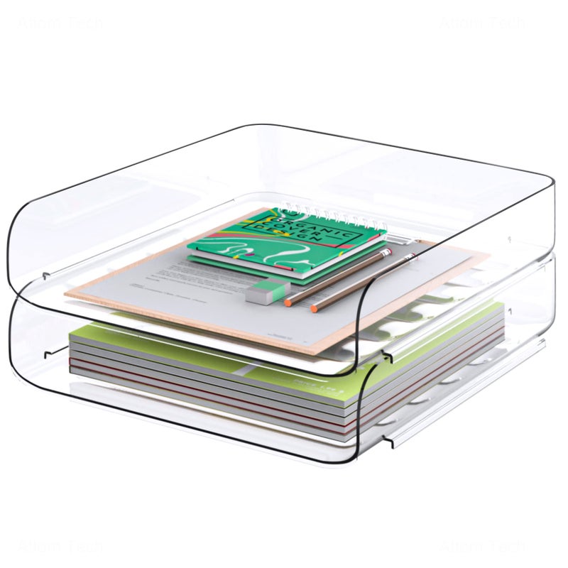 Tomorotec Desk Letter Tray Set A4 Size Clear PET Stackable Document Organizer Office Desktop File Paper Holder Book Storage Rack Side Load AntiSkid Stacking Support Convex Bottom 2X Portrait