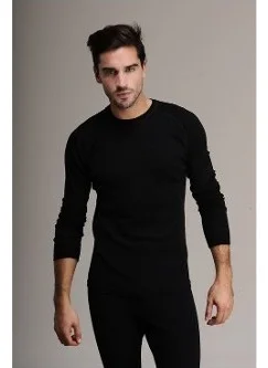 Hasyün Men's Long Sleeve Wool Undershirt - Natural Thermal Underwear / 7009-1-Black