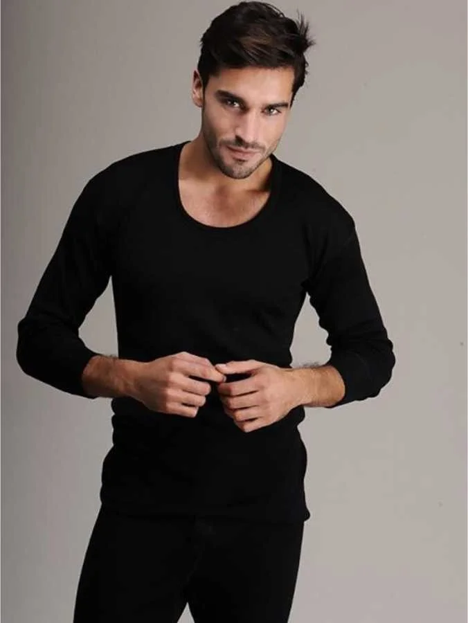 هاسيون Men's Long Sleeve Wool Undershirt - Natural Thermal Underwear / 7009-1-Black