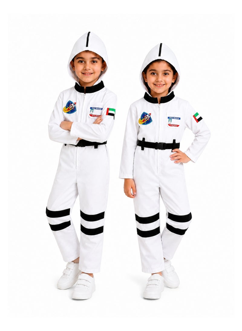 زي رائد فضاء للأطفال – بدلة فضاء بيضاء فاخرة للجنسين مع شارة الإمارات - Image 1