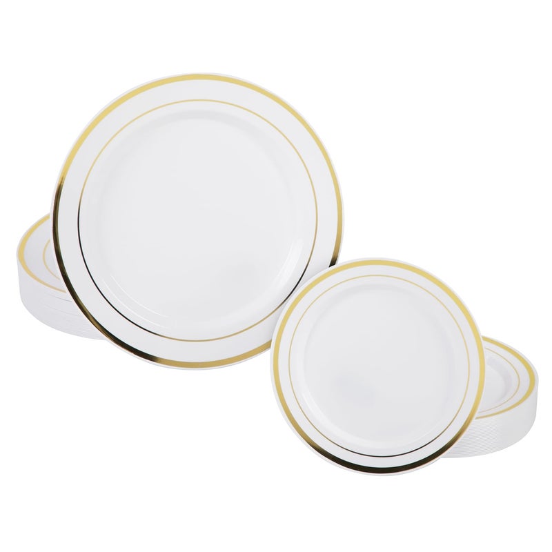 Prestee 50Piece Plastic Plates Disposable Set  White with Gold Rimmed Plastic Plate for Parties Holidays Weddings  Includes 25 Dinner Plates and 25 Small Salad Platter  Ideal Thanksgiving Plate