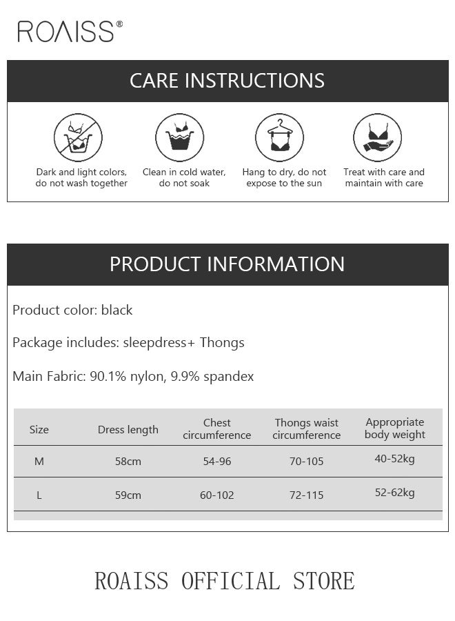 roaiss Women's Lace Mesh Nightgown Low-Cut Front Buckle Suspender Nightgown V-Neck Sleeveless Black Comfortable Breathable Loose Bow Decoration - Image 2