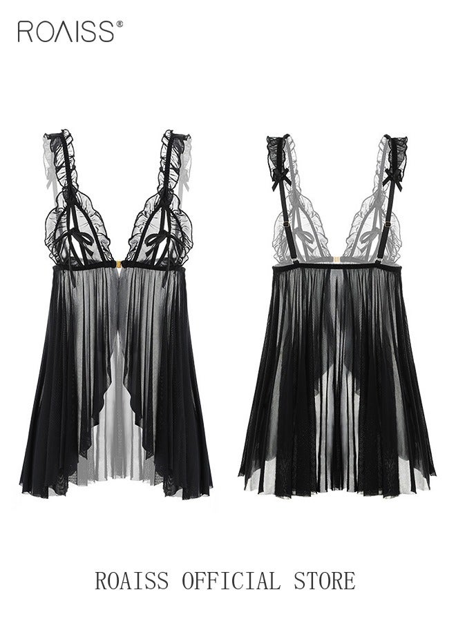 roaiss Women's Lace Mesh Nightgown Low-Cut Front Buckle Suspender Nightgown V-Neck Sleeveless Black Comfortable Breathable Loose Bow Decoration - Image 1