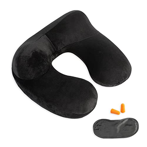 Makimoo Inflatable Travel Pillow, Neck Pillow Support for Traveling, Airplanes, Cars, and Offices with Compact Carrying Bag, Soft Velvet Washable Cover, Ideal for Adult Sleepers (Black) - Image 1