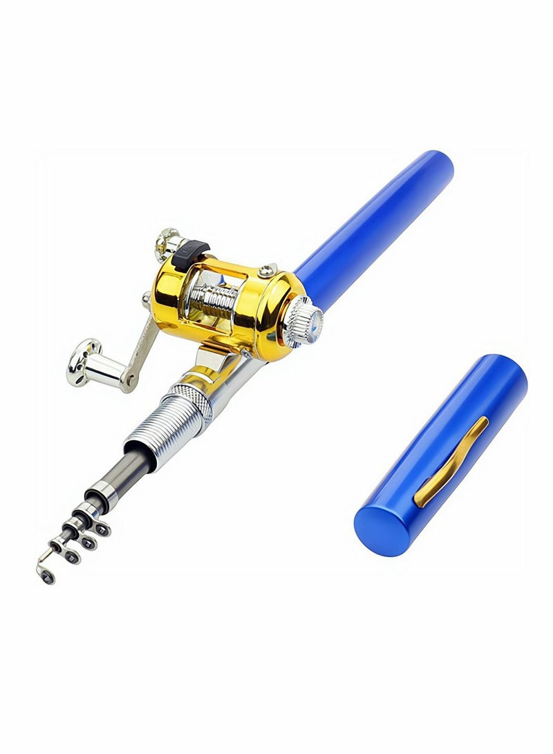 SYOSI Fishing Rod, Portable Mini Telescopic Pen Fish Rod Aluminum Alloy Pocket Fishing Rod Pole and Reel Combo Pen Shape Folded Fishing Rod with Reel Wheel for Outdoor River Lake Fishing, Blue - Image 1