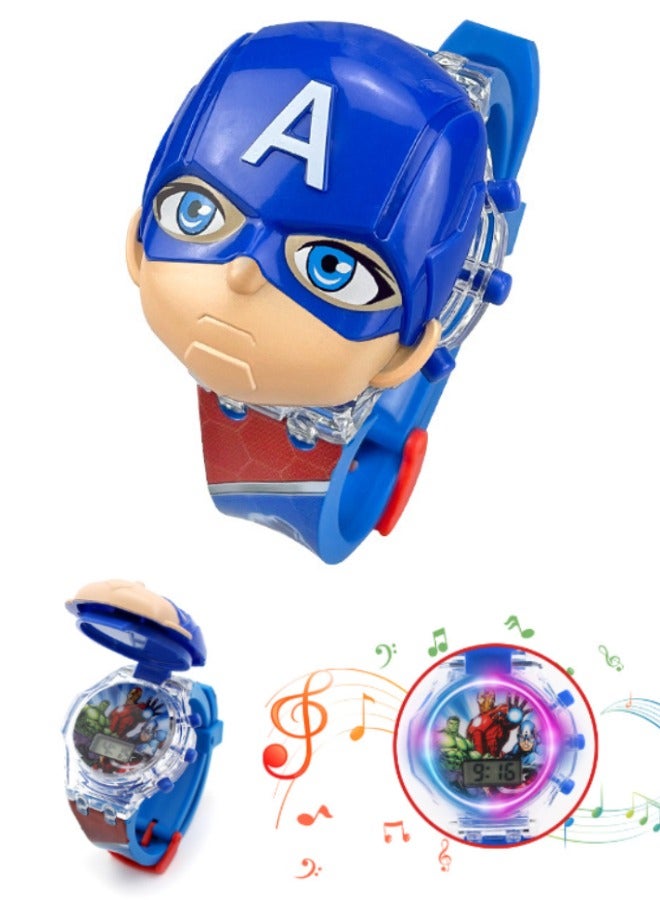 Captain America Cartoon Children's Watch, Children's Watch Toy with Light Effect, Kids Electronic Watch with Music, Flip-top Cartoon Watch for Kids - Image 1