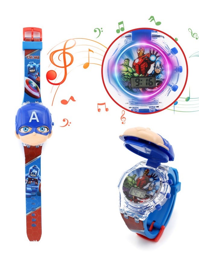 Captain America Cartoon Children's Watch, Children's Watch Toy with Light Effect, Kids Electronic Watch with Music, Flip-top Cartoon Watch for Kids - Image 2