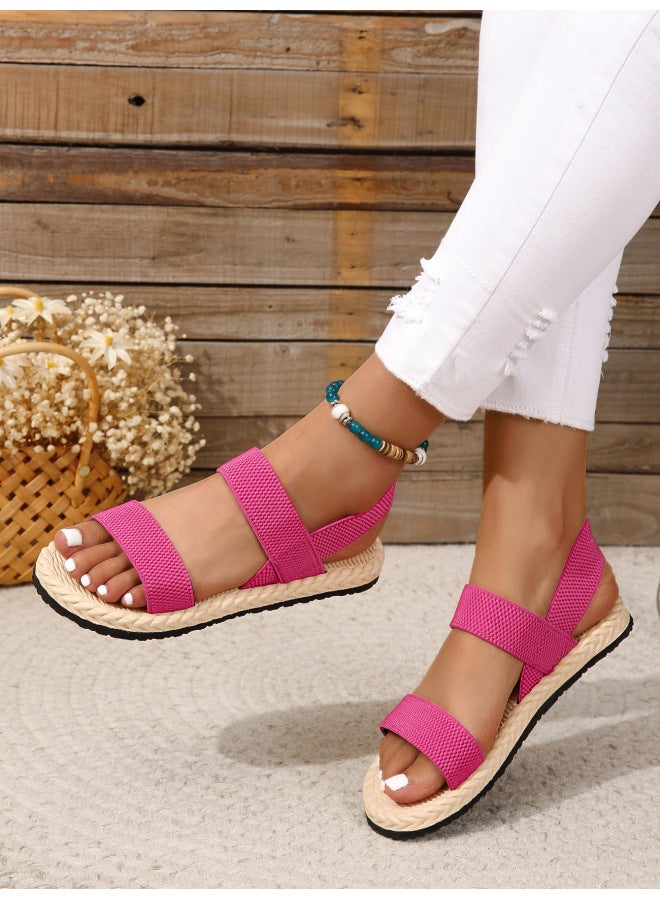 Women's Elastic Band Cross Flat Shoes New Sandals Women's Summer Wear Imitation Straw Woven Linen Roman Sandals