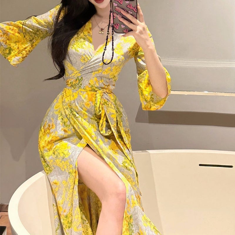 Golden yellow shirt dress floral print wrap pure desire atmosphere seaside vacation beach dress home wear Yellow