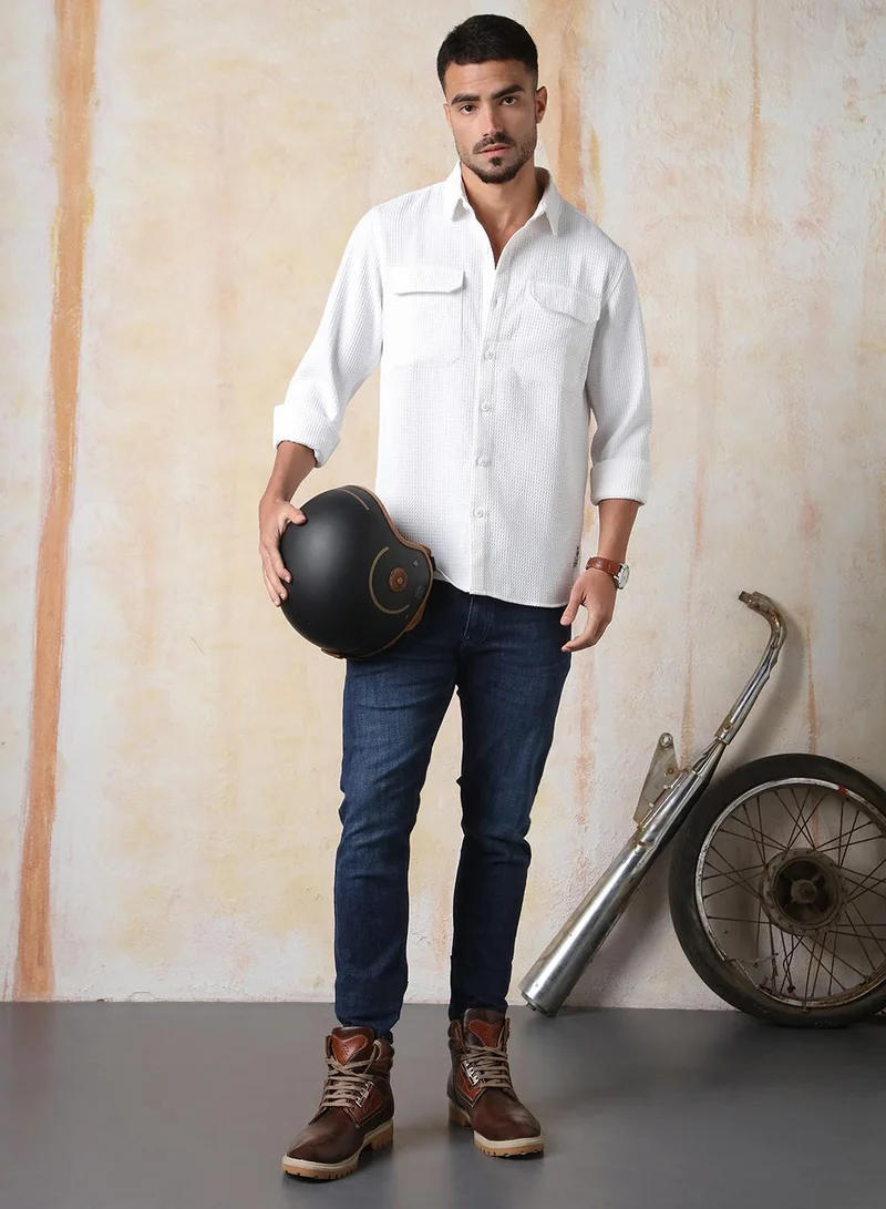 HIGH STAR Men Relaxed Fit Spread Collar Double Flap pocket utility Solid Textured Casual Shirt