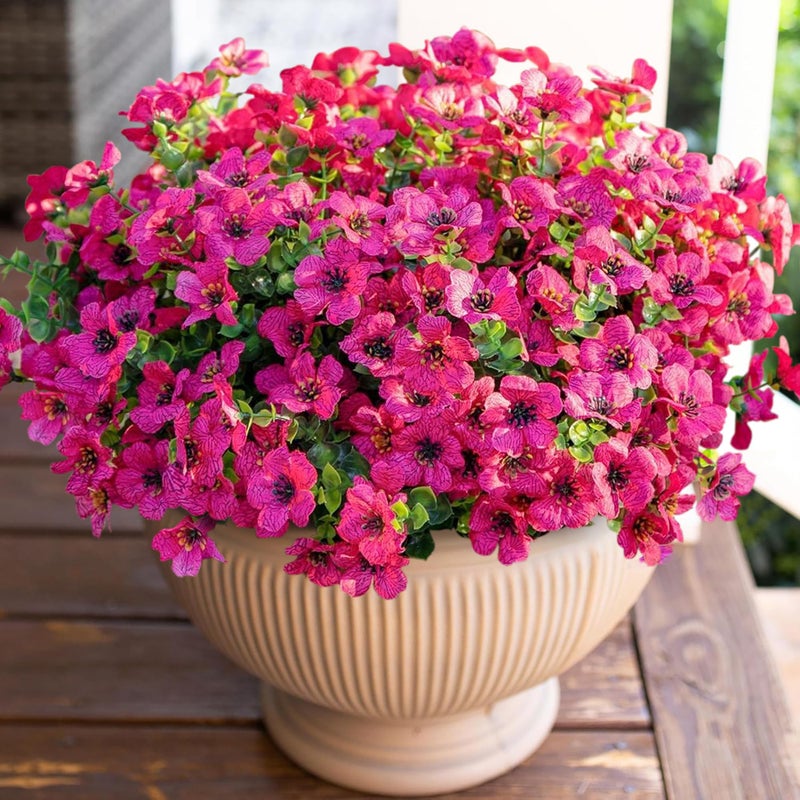 HyeFlora Artificial Flowers for Outdoor Indoor Garden Home Decoration, Faux Flower Daisy with Eucalyptus Leaves Fake Plants Greenery Boxwood Porch Patio, 12 Bundles (Rose Red) - Image 1