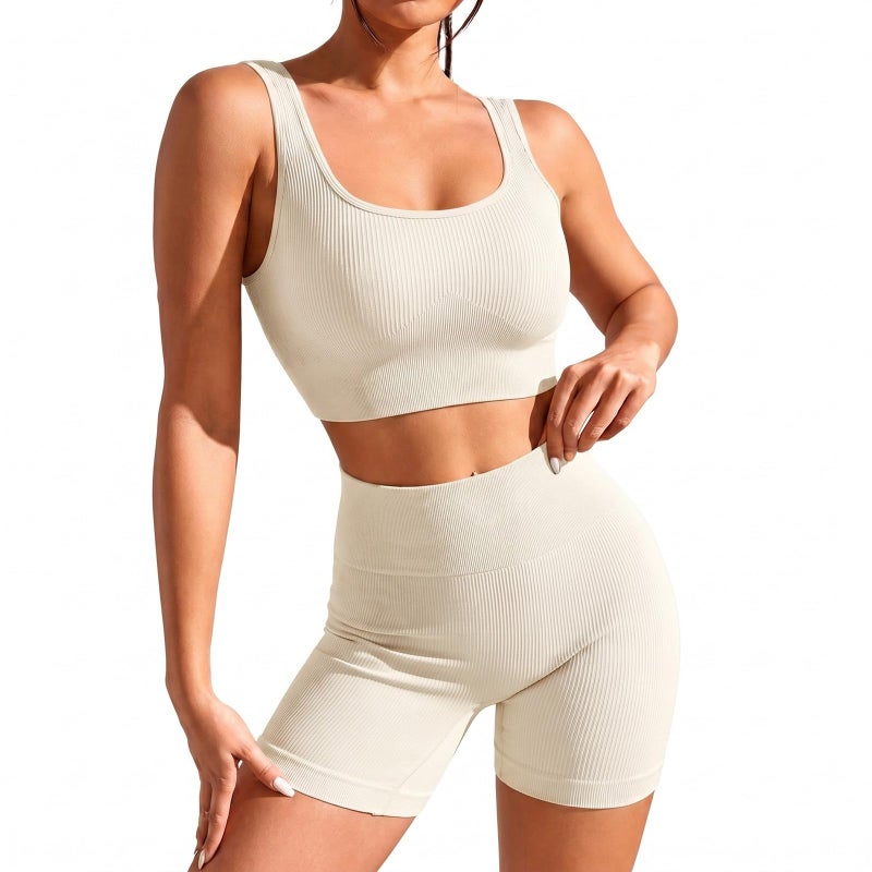 YESDOO Womens Workout Outfits Ribbed Tank 2 Piece Seamless High Waist Gym Outfit Yoga Shorts Leggings Sets - Image 2
