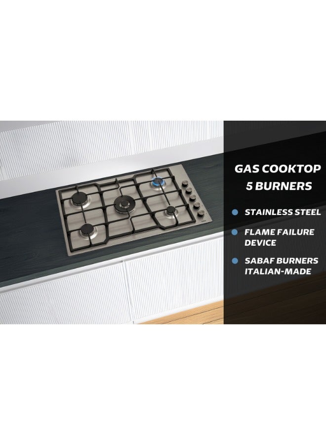 جينيرال جولد موقد غاز General Gold بخمس شعلات، 90 سم مدمج مع تحكم جانبي، إشعال ذاتي، تشطيب من الستانلس ستيل، شبكات حديد زهر، شعلات ساباف عالية الكفاءة، موقد مدمج لأسطح المطبخ (ARC). - Image 5